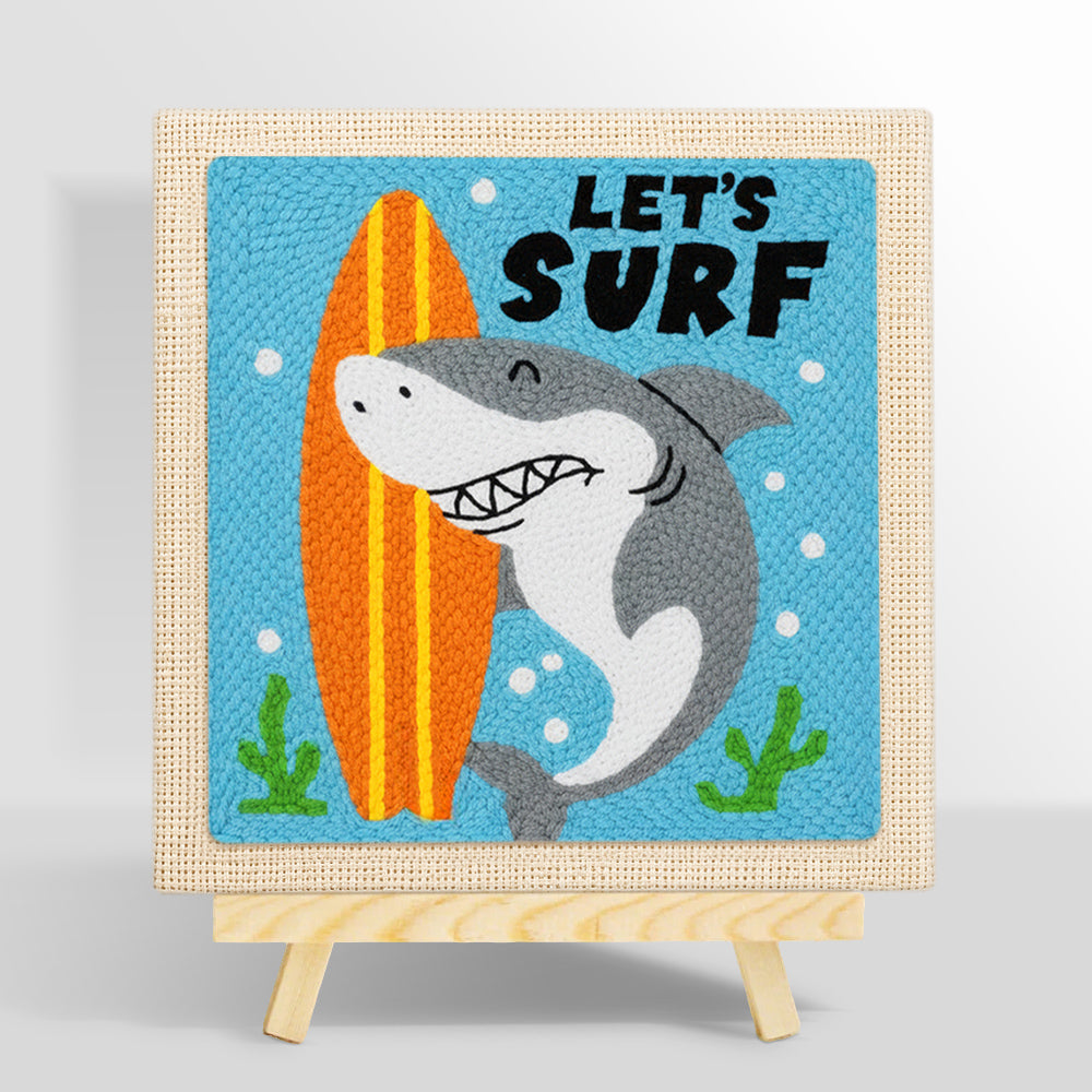 "LET'S SURF" shark with surfboard punch needle kit for beginners