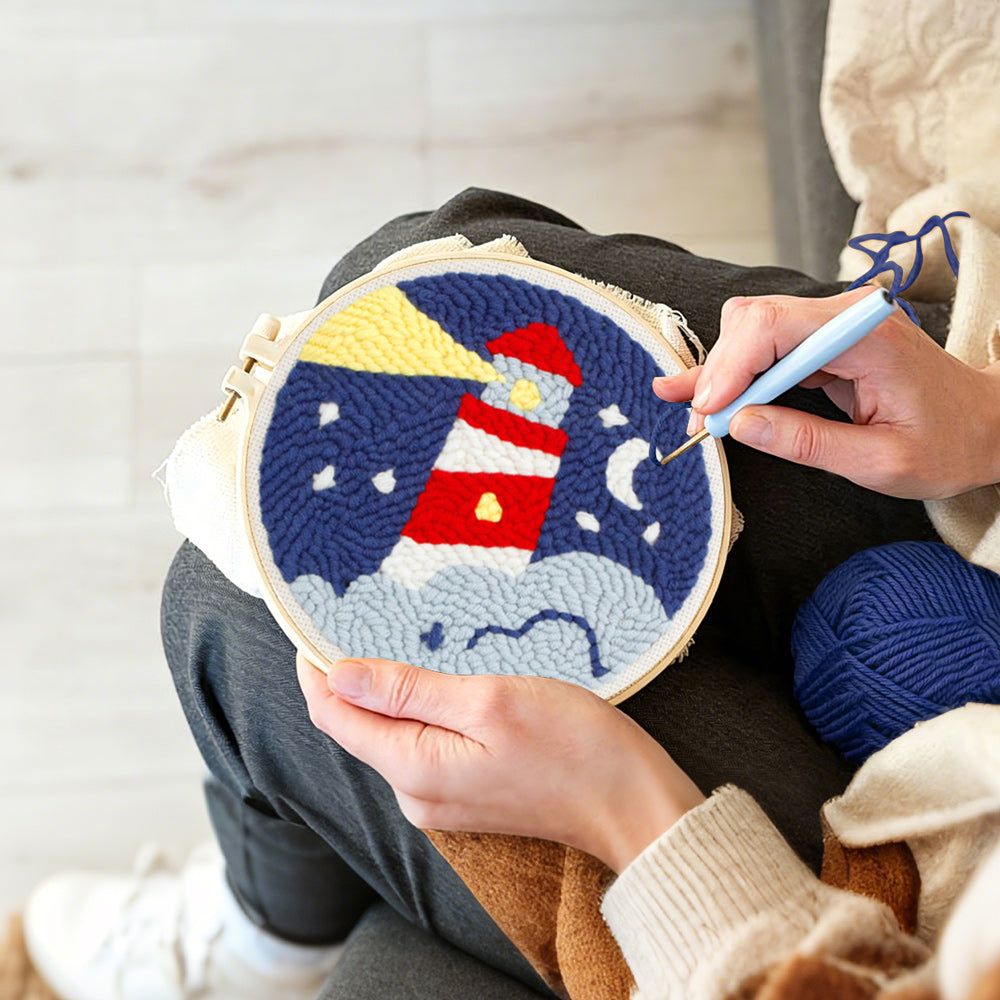 Creating handmade lighthouse at night punch needle artwork