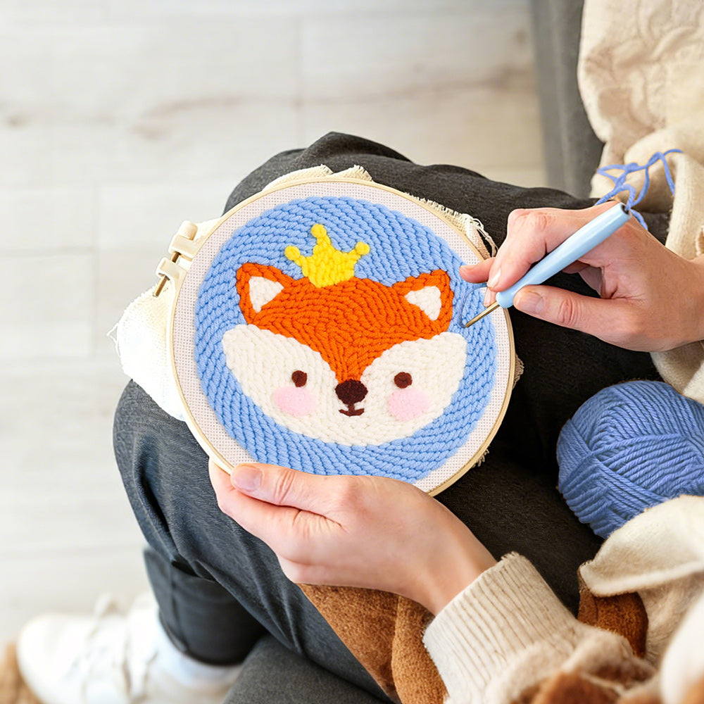 Creating handmade little crown fox punch needle artwork