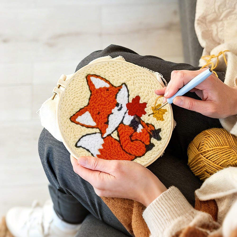 Creating handmade little fox and maple leaves punch needle artwork