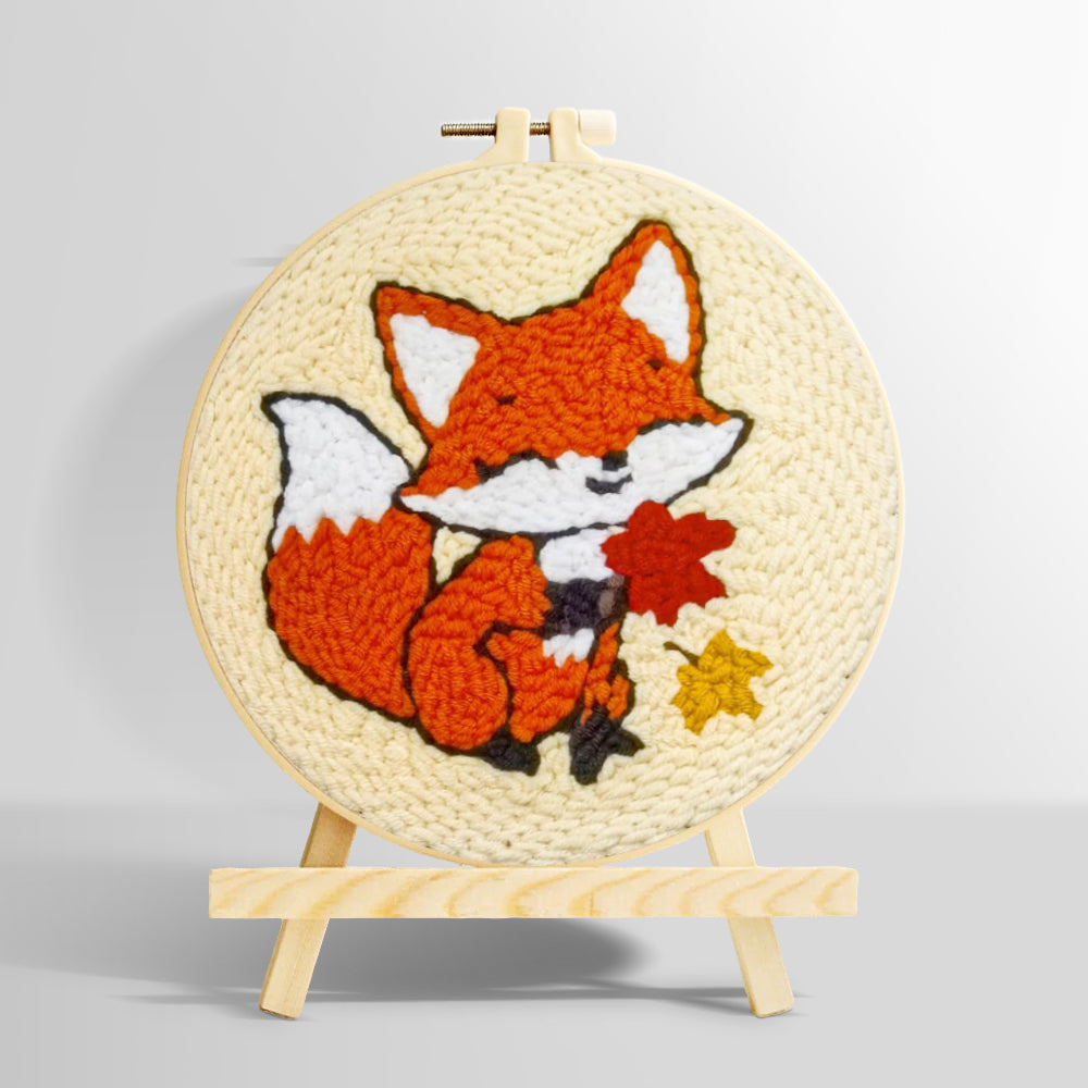 Little fox and maple leaves punch needle kit for beginners