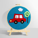Little red car with tree punch needle kit for beginners