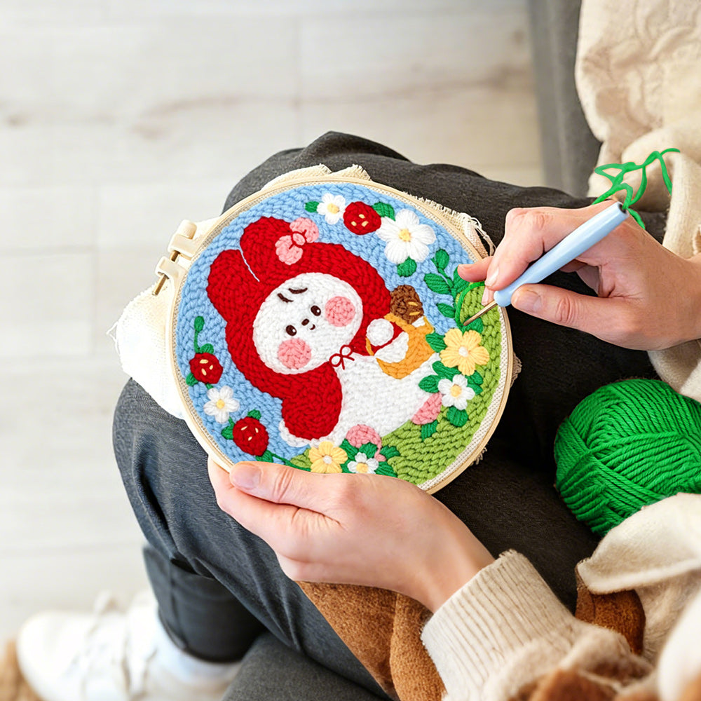 Creating handmade little red riding hood bunny punch needle artwork
