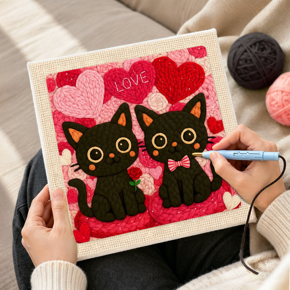 Creating handmade "LOVE" black cat couple with rose punch needle artwork