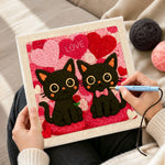 Creating handmade "LOVE" black cat couple with rose punch needle artwork