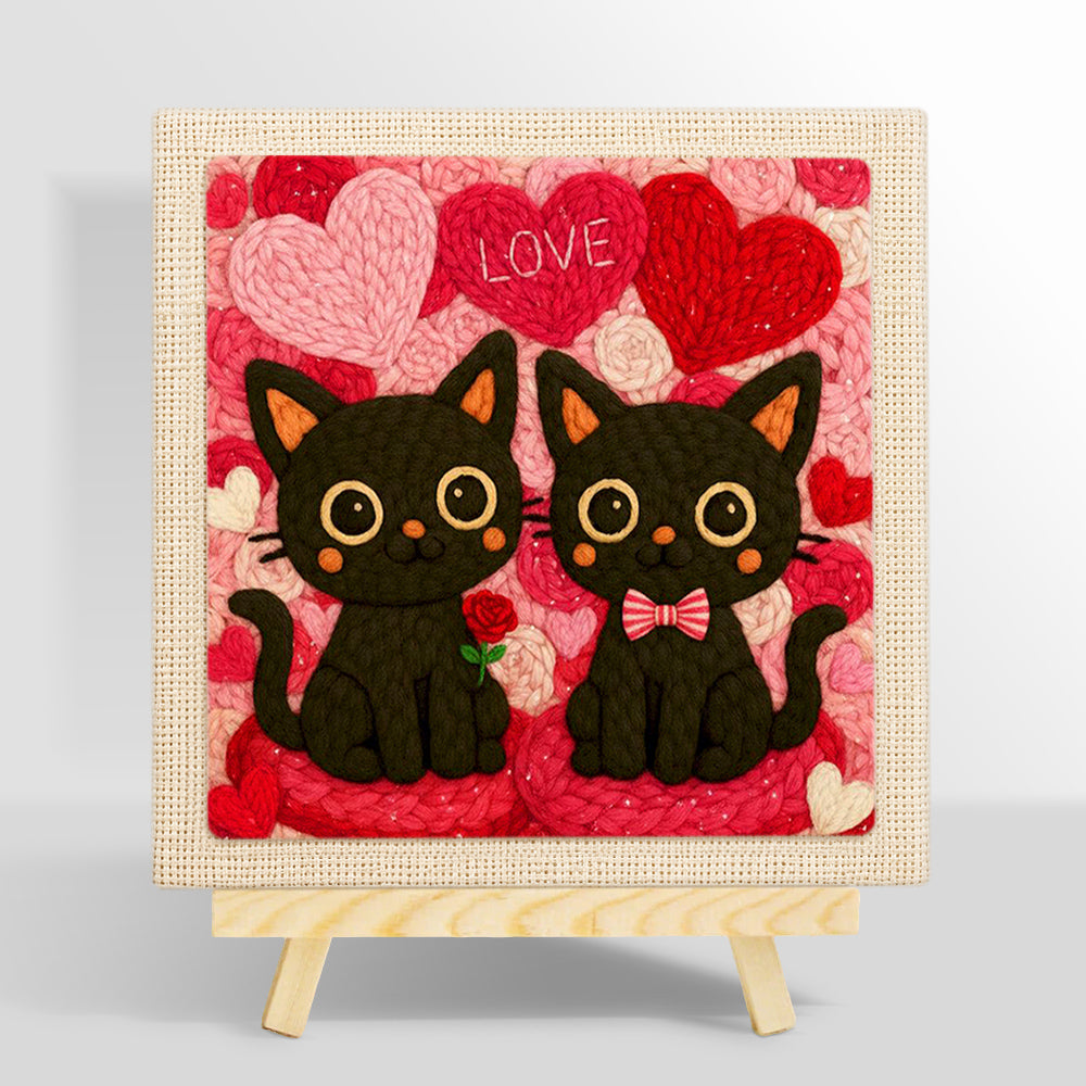 "LOVE" black cat couple with rose punch needle kit for beginners