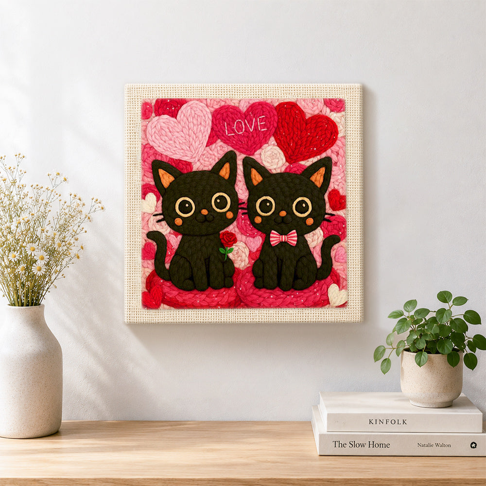 Finished "LOVE" black cat couple with rose artwork displayed on a wall