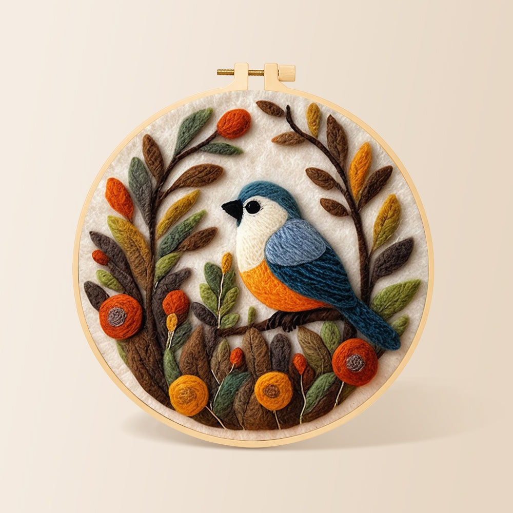 Lovely bird in autumn foliage needle felting kit for beginners with a round wooden frame