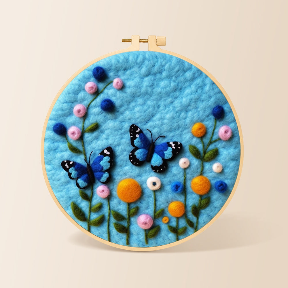 Lovely blue butterflies and flowers needle felting kit for beginners with a round wooden frame