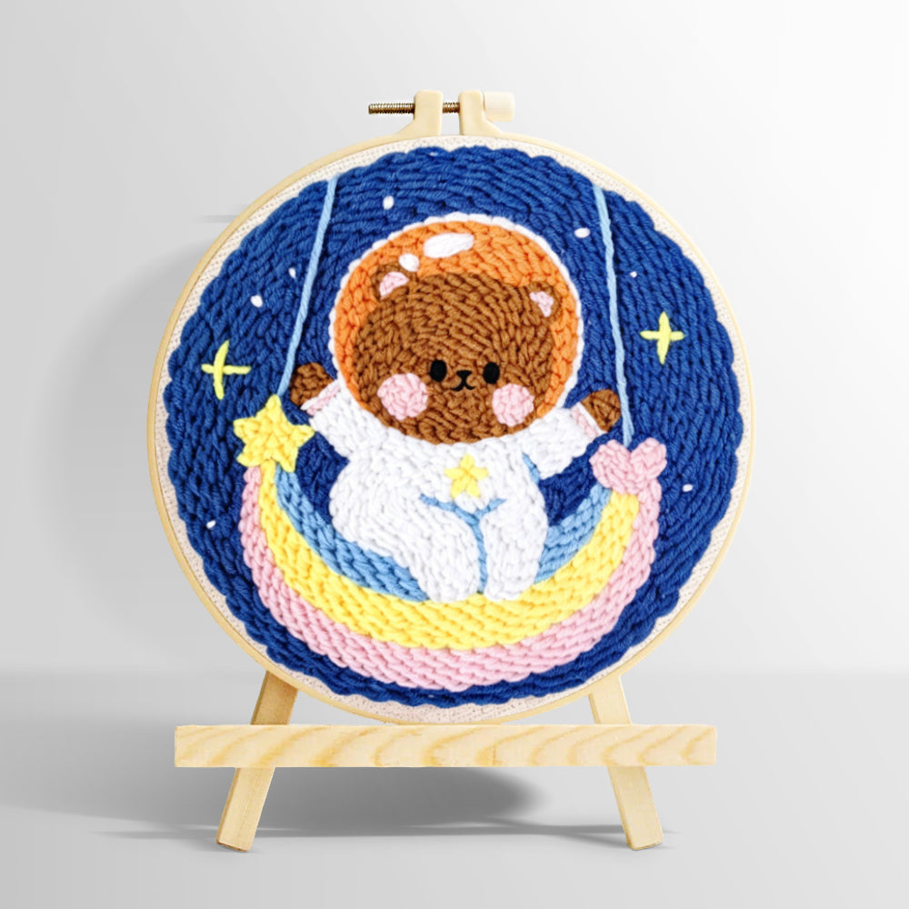 Lovely space bear on a moon swing punch needle kit for beginners