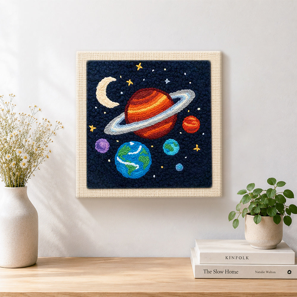 Finished magical and colourful solar system artwork displayed on a wall
