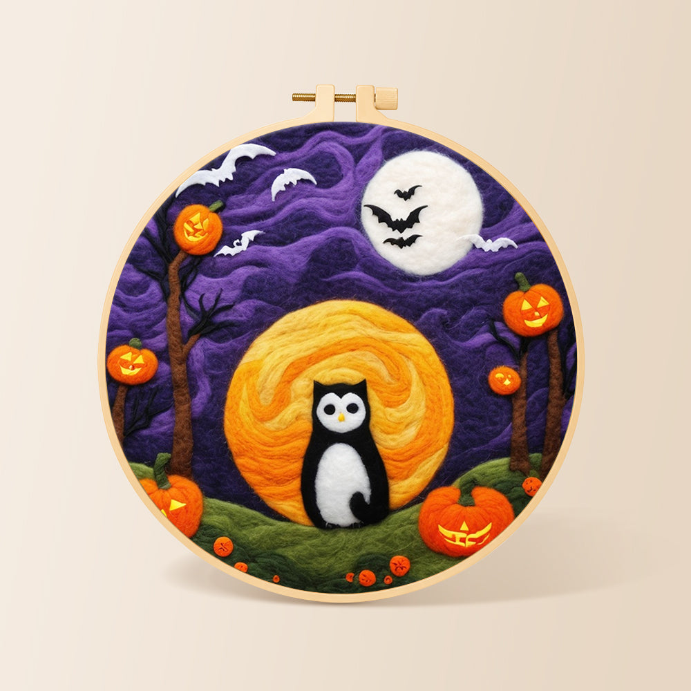 Magical black cat and double moons needle felting kit for beginners with a round wooden frame