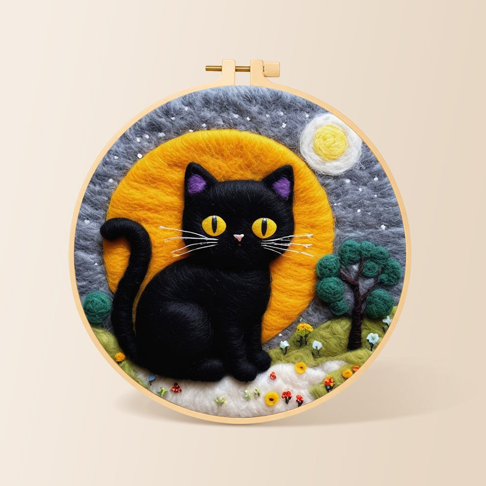 Magical black cat under the moon needle felting kit for beginners with a round wooden frame