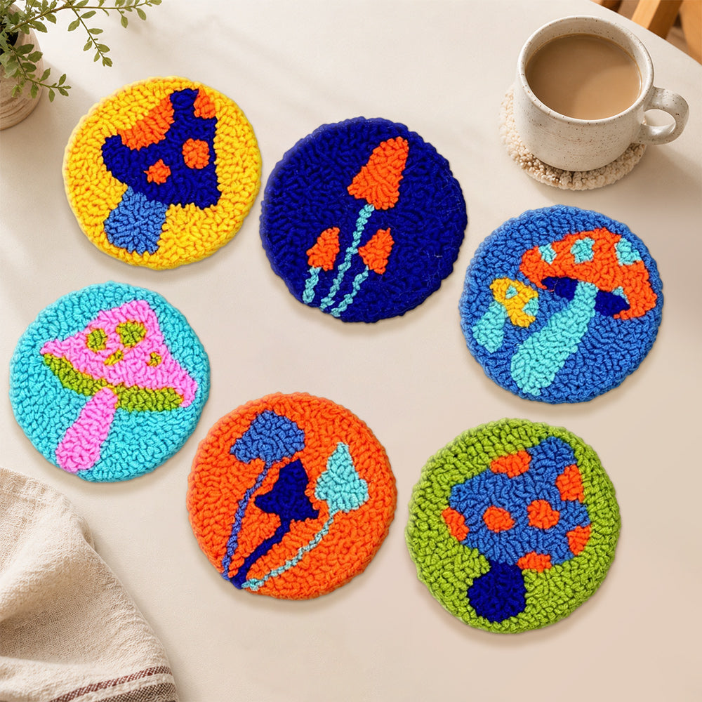Magical mushroom punch needle coasters used for home decoration
