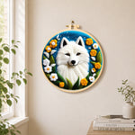 Magical white arctic fox and flowers needle felt wall art displayed in a bright home interior