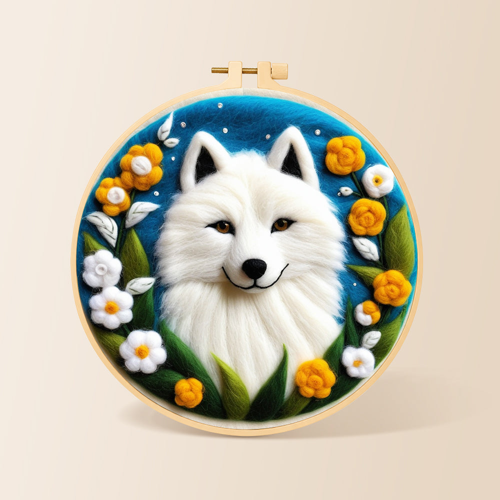 Magical white arctic fox and flowers needle felting kit for beginners with a round wooden frame