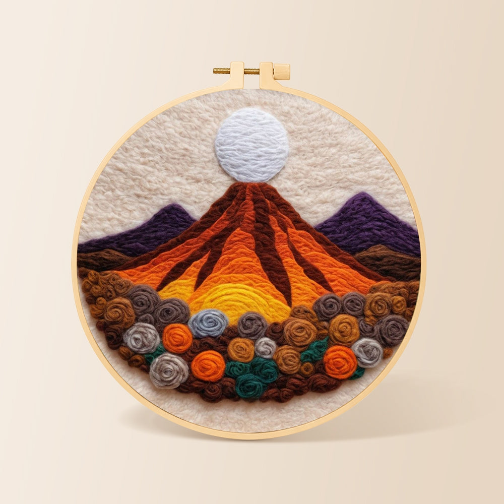 Magma volcano and roses needle felting kit for beginners with a round wooden frame