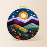 Magnificent mountains and sunset needle felting kit for beginners with a round wooden frame