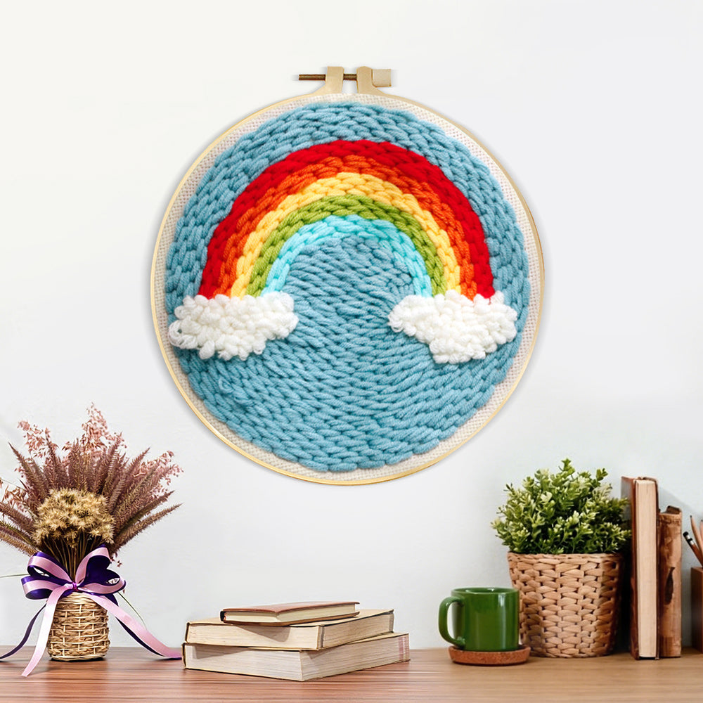 Finished magnificent rainbow in the blue sky artwork displayed on a wall