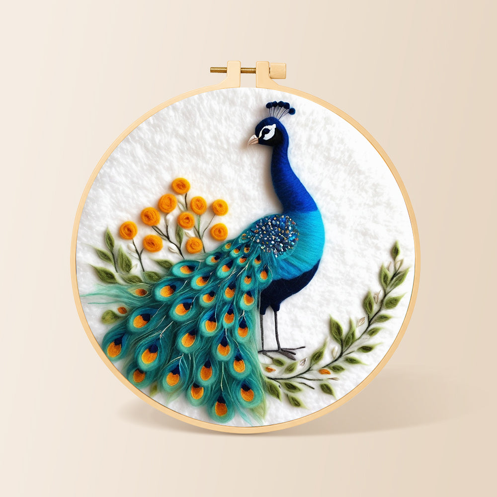 Majestic blue peacock needle felting kit for beginners with a round wooden frame