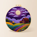 Majestic full moon and purple barn needle felting kit for beginners with a round wooden frame