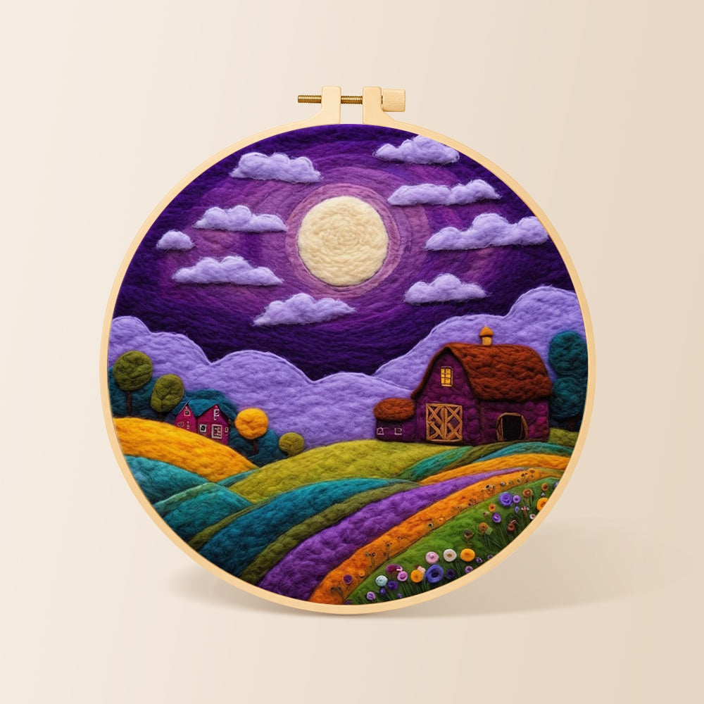 Majestic full moon and purple barn needle felting kit for beginners with a round wooden frame