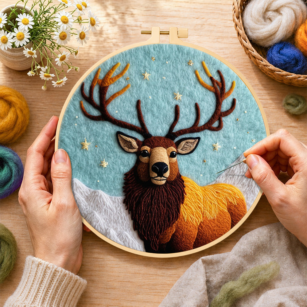 Creating the majestic highland stag wool painting by hand with a felting needle