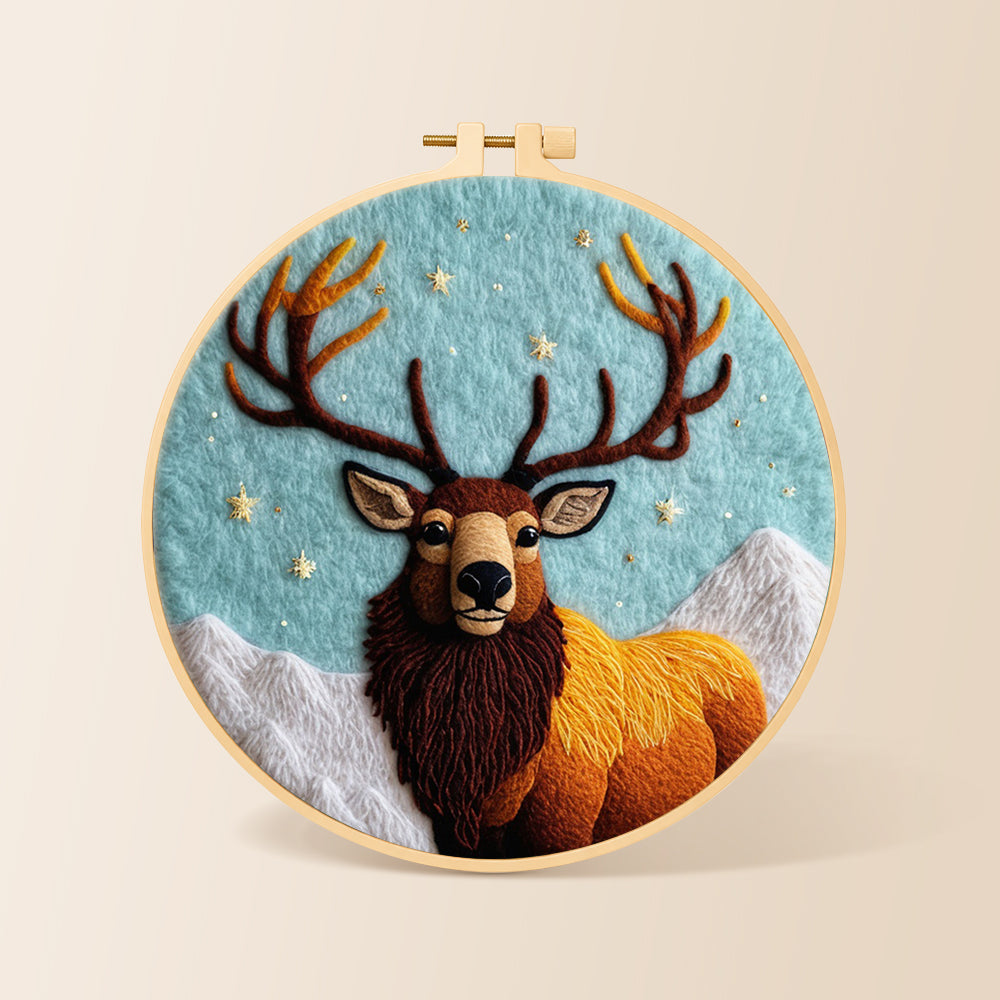 Majestic highland stag needle felting kit for beginners with a round wooden frame