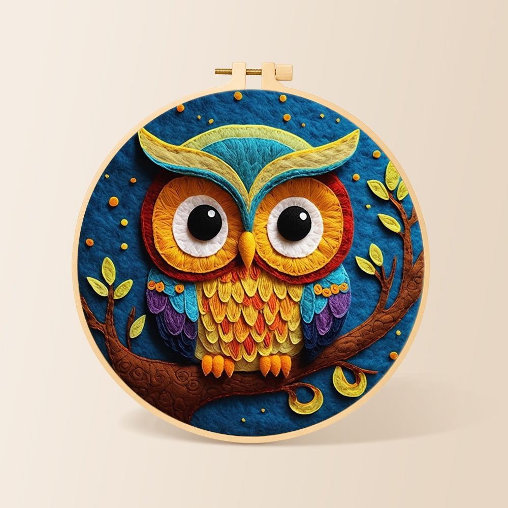 Majestic rainbow owl on a branch needle felting kit for beginners with a round wooden frame