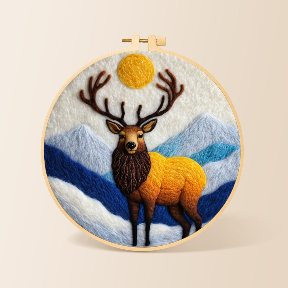 Majestic stag in the mountains needle felting kit for beginners with a round wooden frame