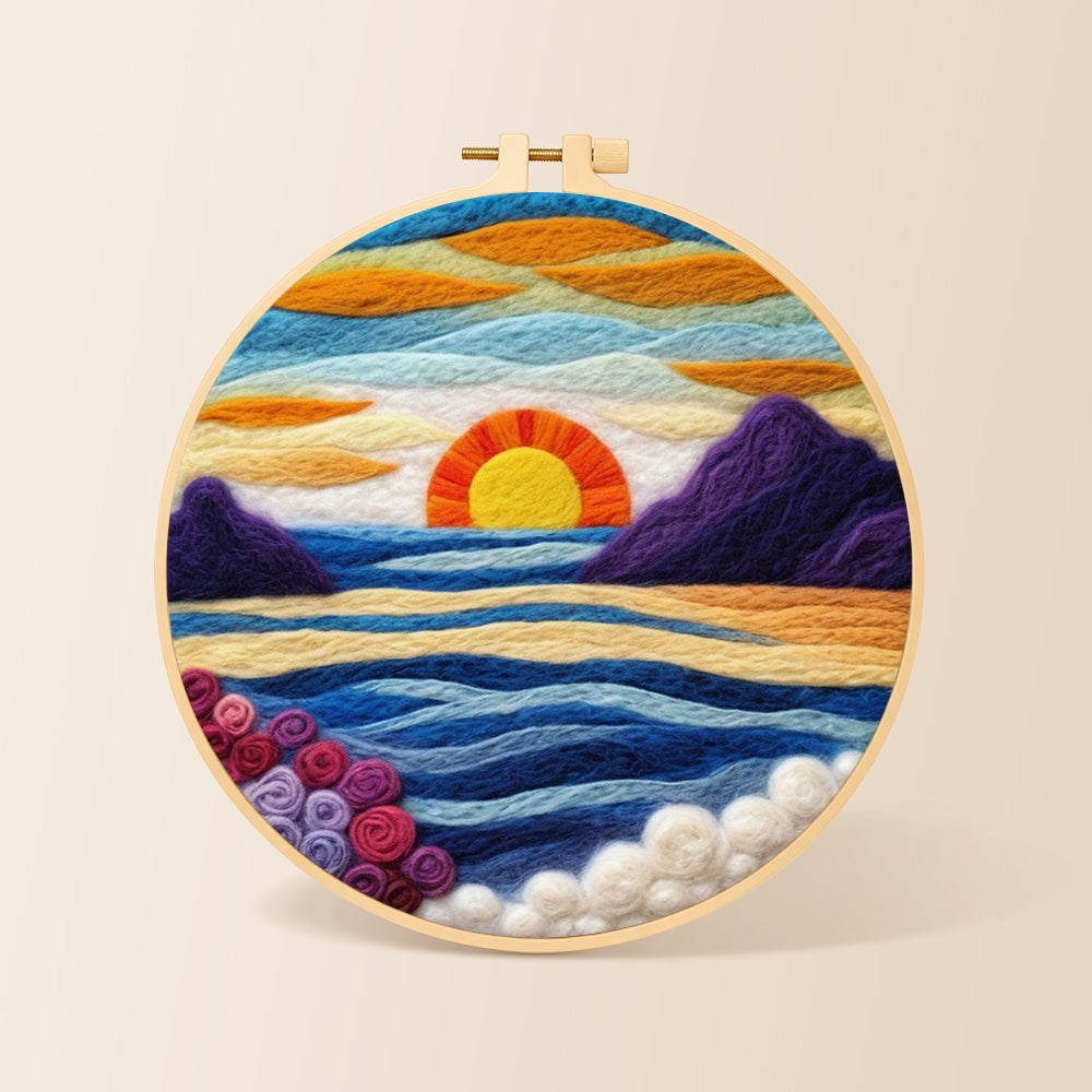 Majestic sunset and blue wavy sea needle felting kit for beginners with a round wooden frame