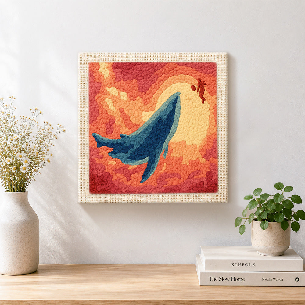 Finished majestic whale sunset artwork displayed on a wall