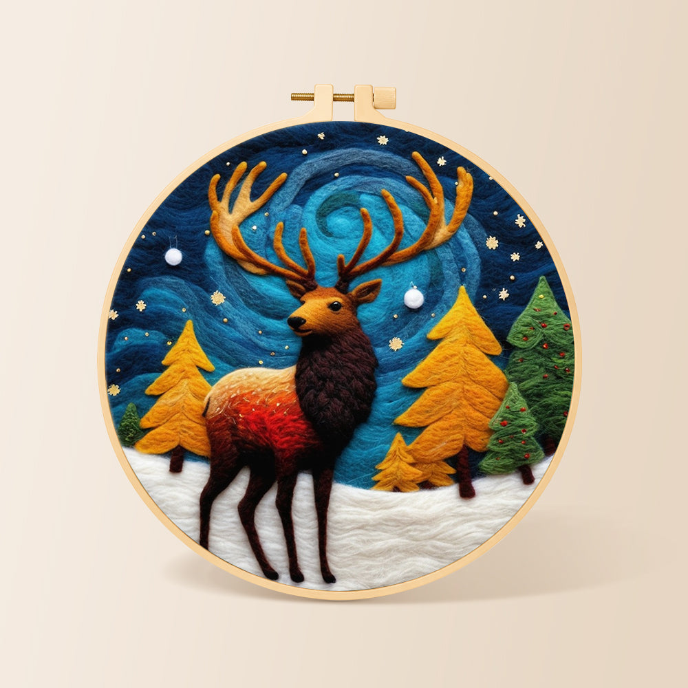 Majestic winter stag needle felting kit for beginners with a round wooden frame