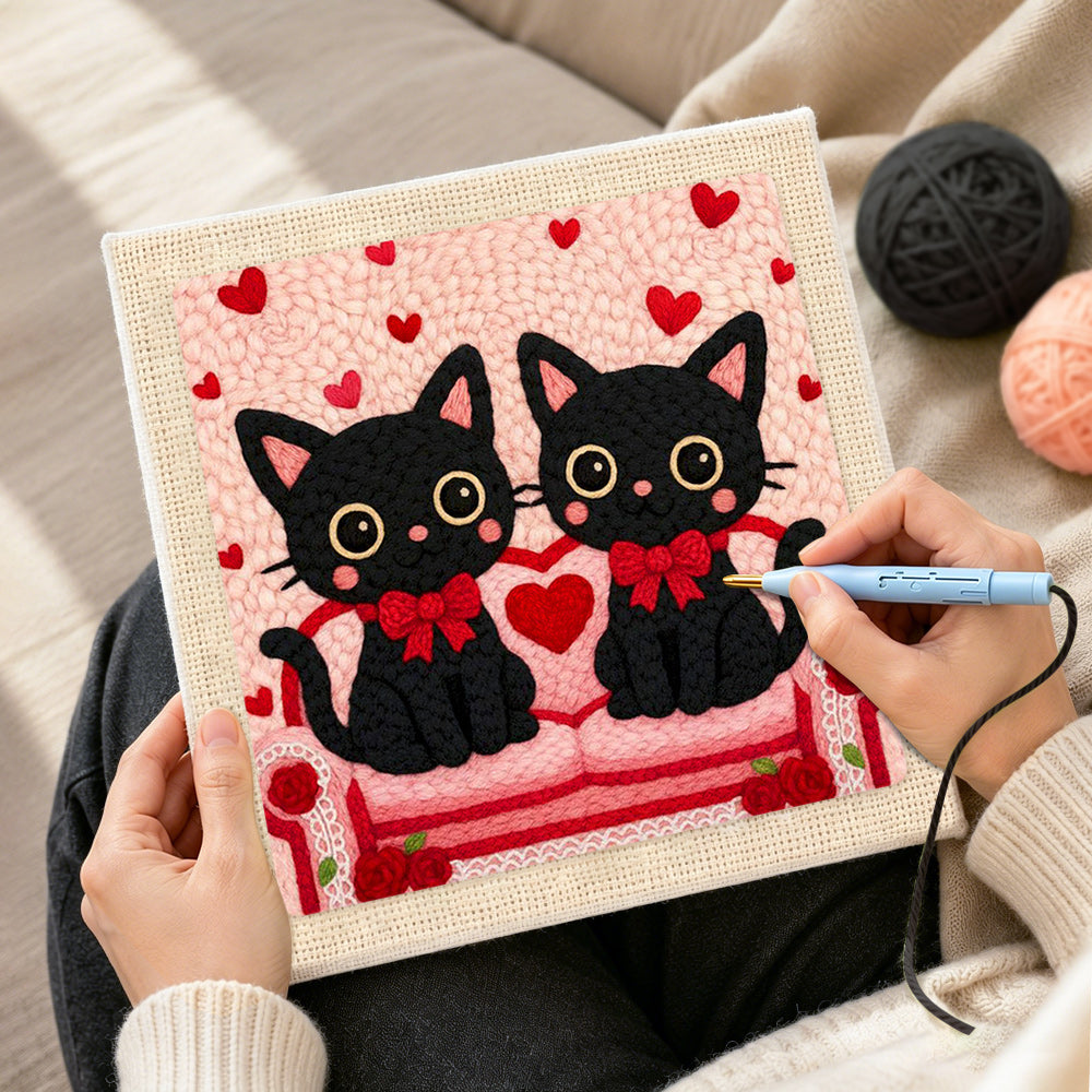 Creating handmade matching black cats with red bows punch needle artwork