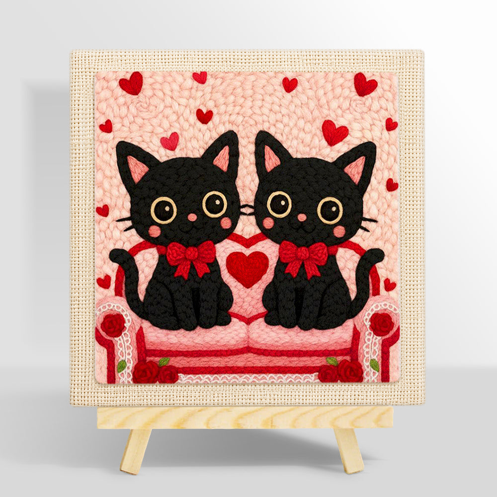 Matching black cats with red bows punch needle kit for beginners