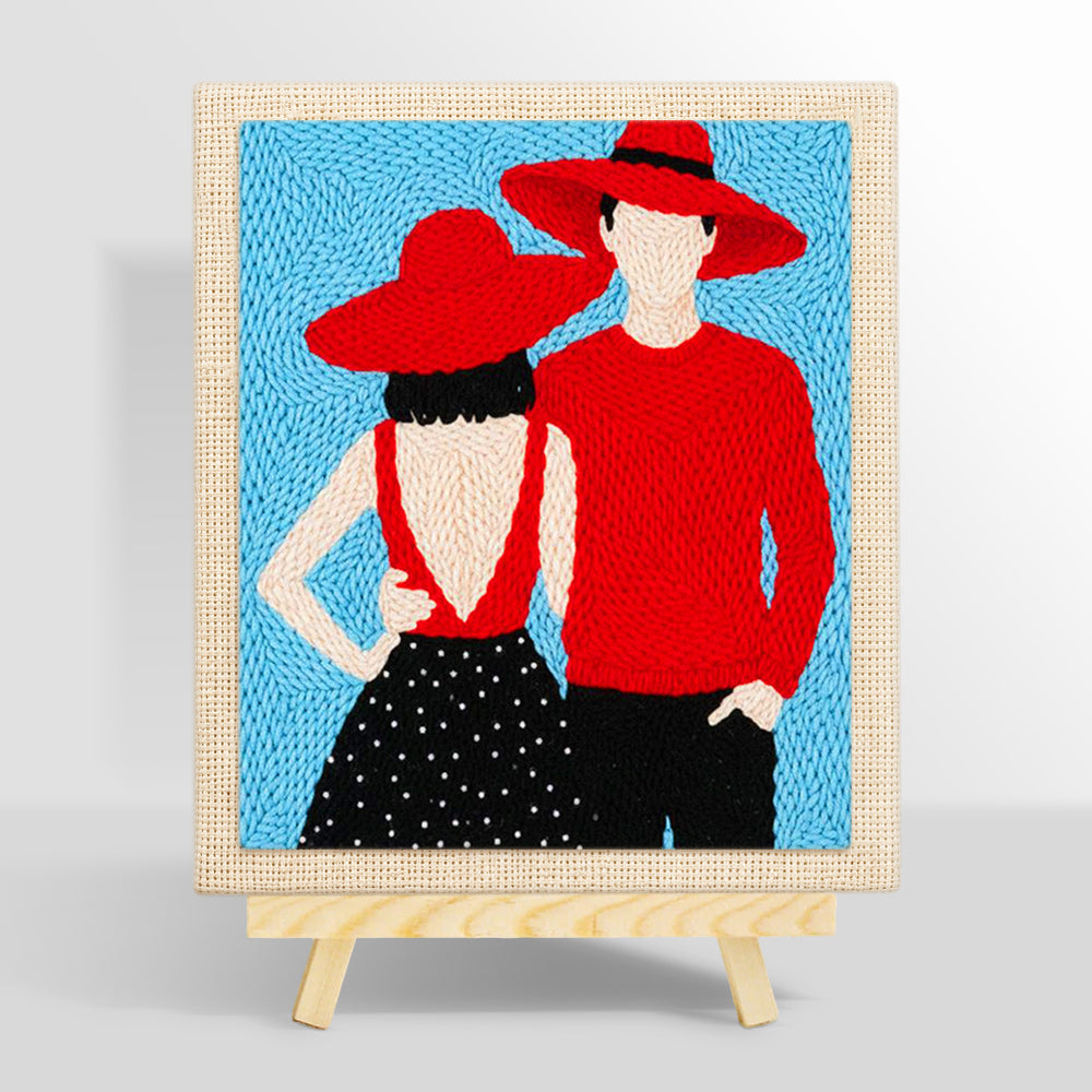 Matching red hats couple punch needle kit for beginners