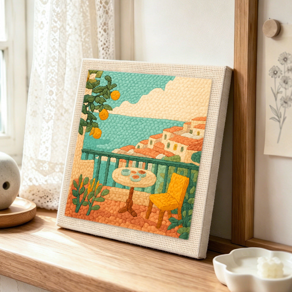 Mediterranean balcony punch needle artwork displayed on a table