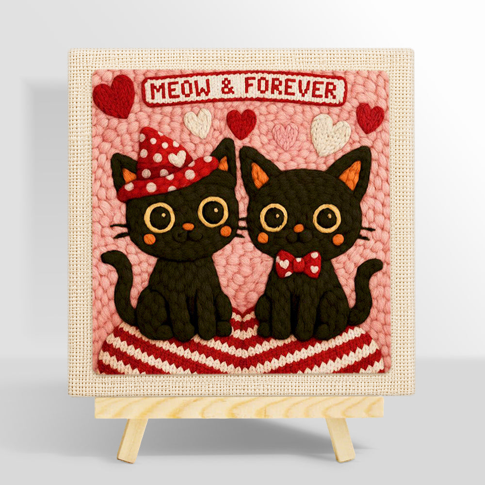 "MEOW and FOREVER" black cat couple punch needle kit for beginners