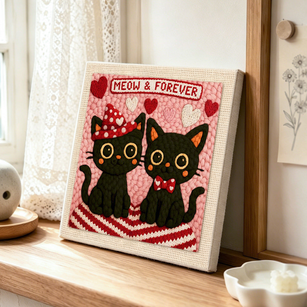 "MEOW and FOREVER" black cat couple punch needle artwork displayed on a table
