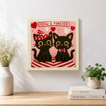 Finished "MEOW and FOREVER" black cat couple artwork displayed on a wall