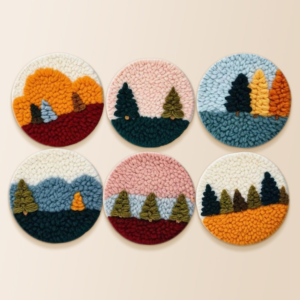 Mini pine trees punch needle coaster kit finished handmade coasters