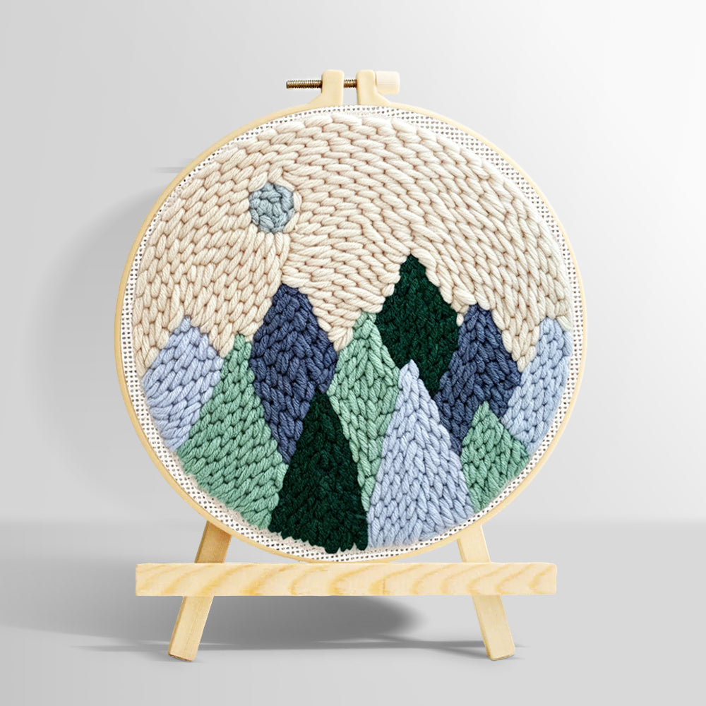 Minimal mountain landscape with moon punch needle kit for beginners