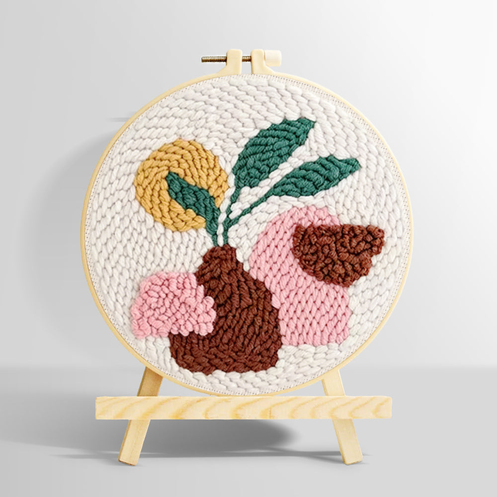 Minimalist brown vase and green leaves punch needle kit for beginners