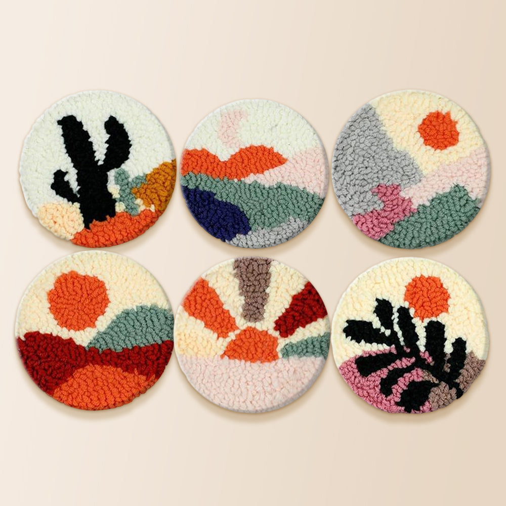 Minimalist desert plant punch needle coaster kit finished handmade coasters