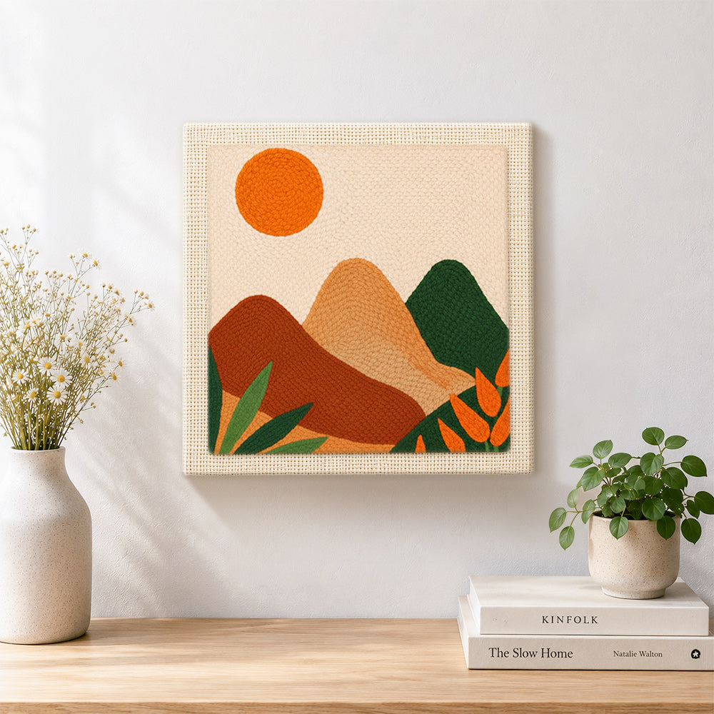 Finished minimalist geometric hills artwork displayed on a wall