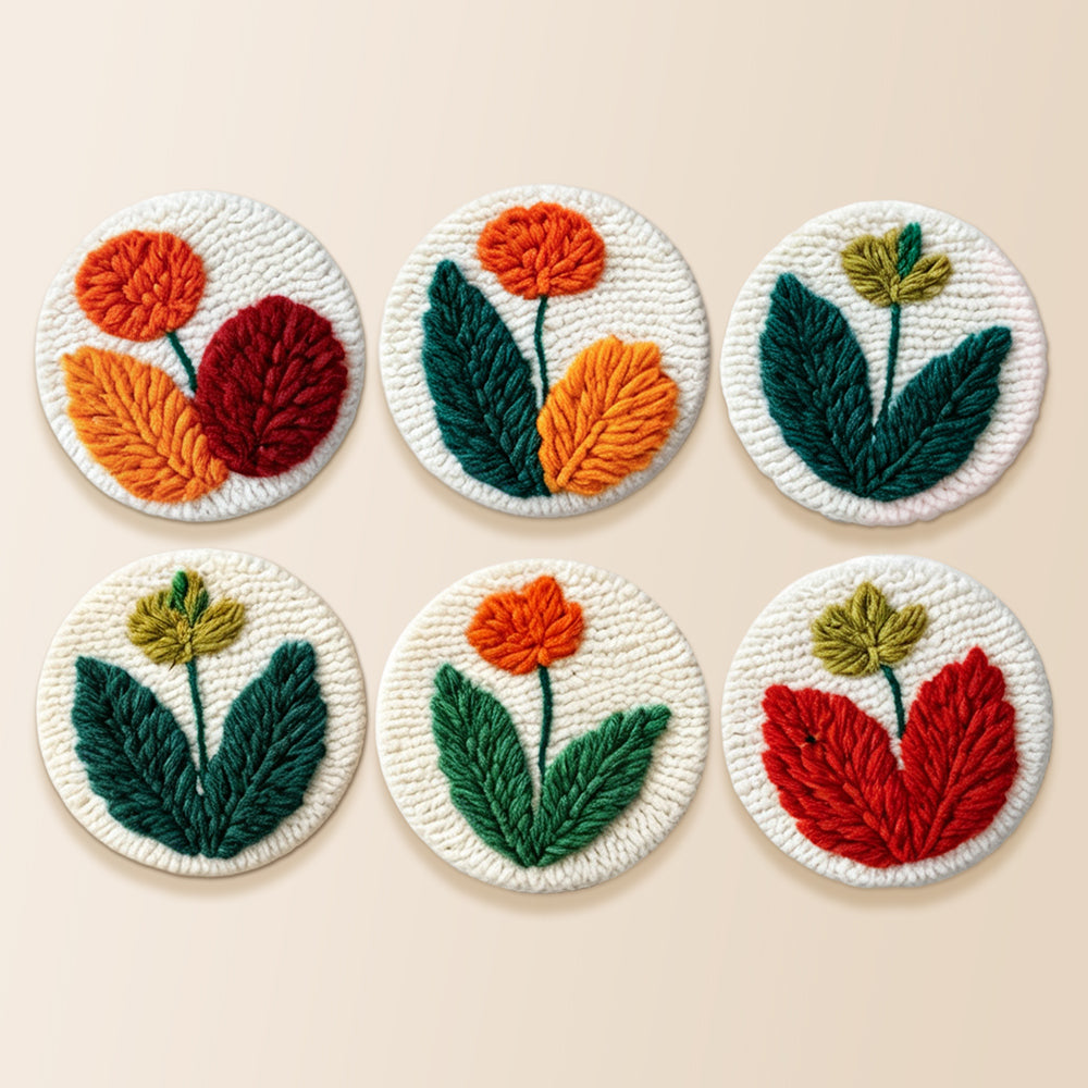 Minimalist green and orange tulips punch needle coaster kit finished handmade coasters