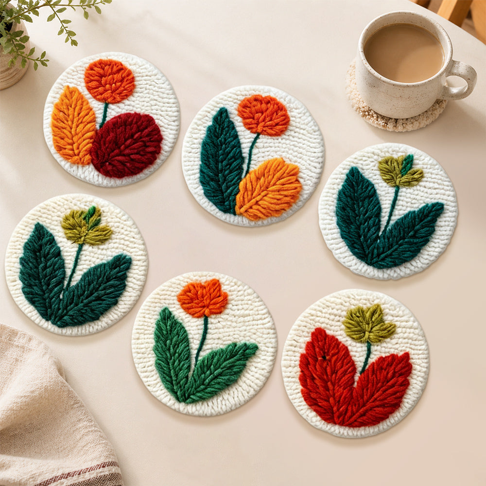 Minimalist green and orange tulips punch needle coasters used for home decoration