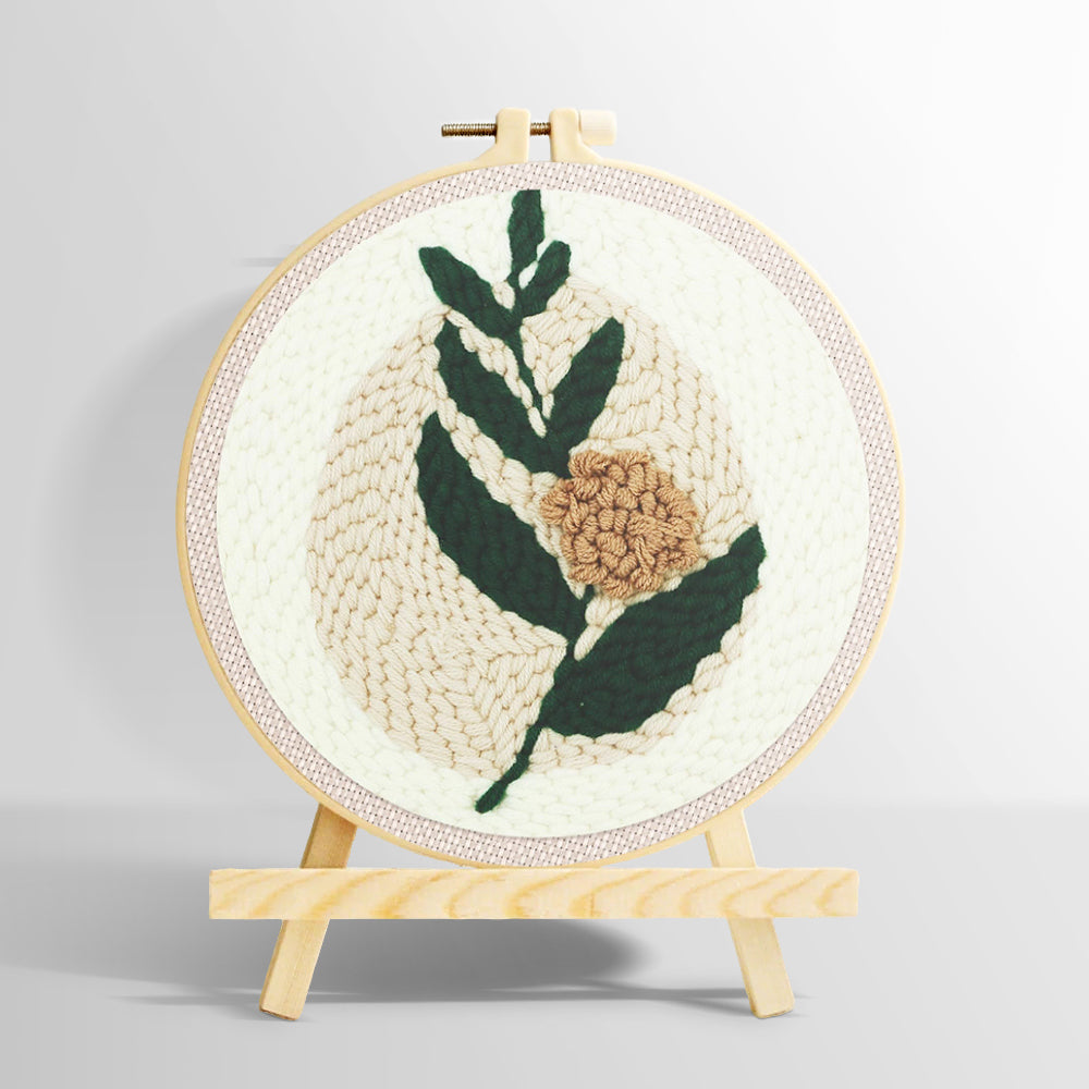 Minimalist green leaves and beige flower punch needle kit for beginners