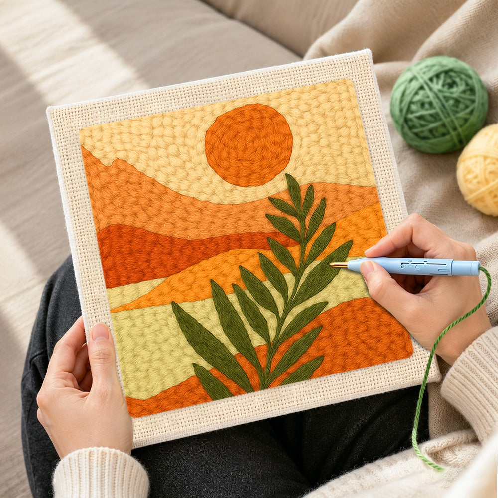 Creating handmade minimalist leaf and mountain scenery punch needle artwork