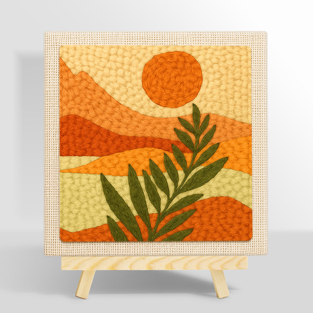 Minimalist leaf and mountain scenery punch needle kit for beginners